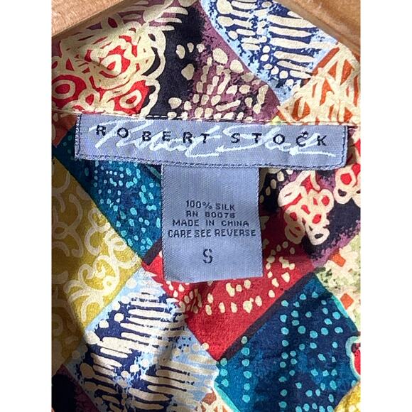 Robert Stock 100% Silk Button Up Small Colorful Geometric Floral Patchwork 90s - Picture 8 of 12